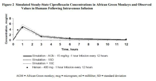 약동학 예측 출처. Advisory Committee Meeting of the Division of Anti-Infective Products the US Food and Drug Administration, Treatment of Pneumonic Plague: Medical Utility of Ciprofloxacin, Division of Microbiology and Infectious Disease NIH/NIAID, Pre-IND 113289, April 3, 2012