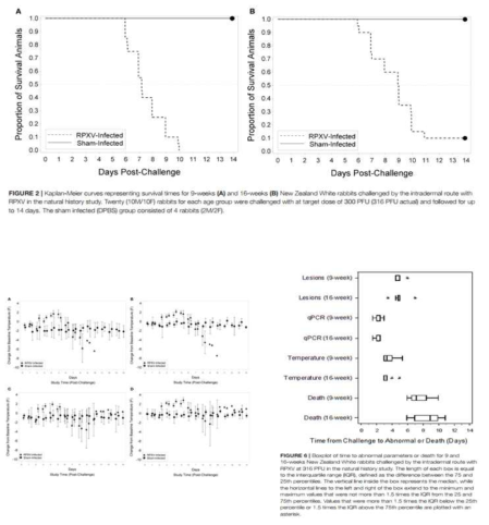 토끼 생존율, 체온 변화, 병변 수 및 qPCR 지표 출처. Perry MR, Warren R, Merchlinsky M, Houchens C, Rogers JV. Rabbitpox in New Zealand White Rabbits: A Therapeutic Model for Evaluation of Poxvirus Medical Countermeasures Under the FDA Animal Rule. Front Cell Infect Microbiol. 2018 Oct 5;8:356. doi: 10.3389/fcimb.2018.00356