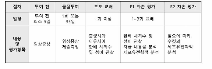 마우스 유전성 전좌시험의 절차 및 주요 평가 항목