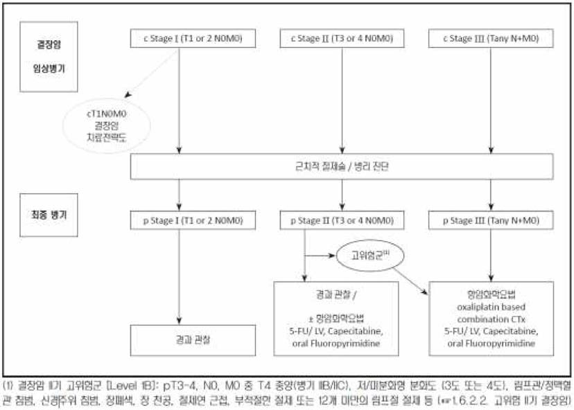 대장암진료권고안의 대장암 병기 I, II, III 에 따른 결장암 치료 전략도 (출처 : 대장암진료권고안 VJ.0，대한의학회)