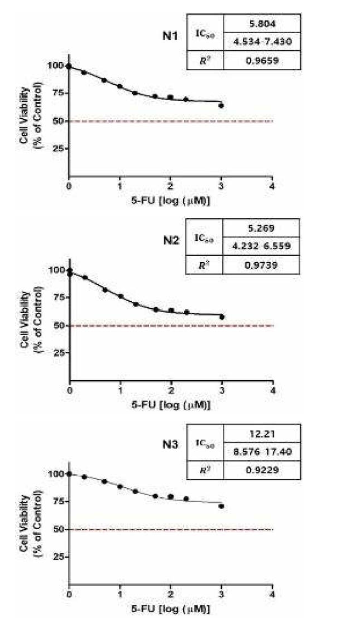 각 섬 유 아 세 포 의 5-FU 처리 농도에 대한 IC50 결과