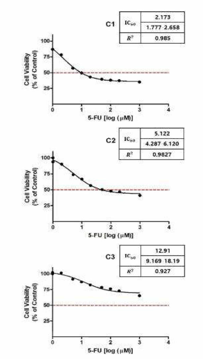 각 섬유아세포의 5-FU 처리 농도에 대한 IC50 결과 (연속)
