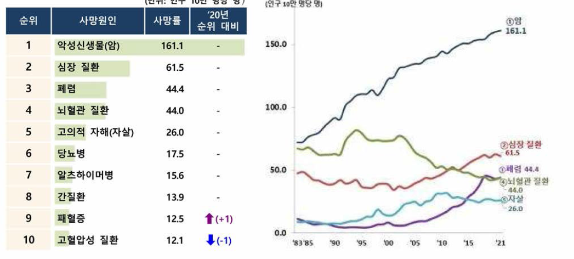 국내 사망원인 순위 추이 (출처: 2021년 사망원인통계 결과，통계청 사회통계국 인구동향과，2022)