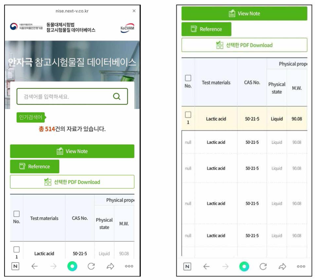 모바일용 안자극 참고시험물질 데이터베이스 시스템(상세 화면)