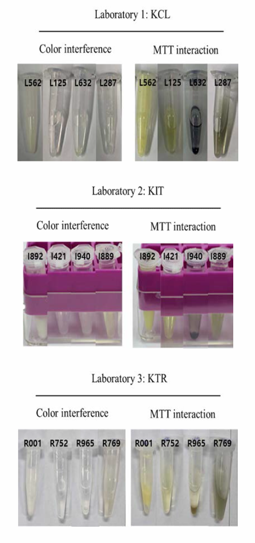 전수가능성 물질 4종의 발색성 및 M TT반응성 결과 * L562, 1892, R001 (Naphthalene acetic acid) L125, 1421, R752 (Heptyl butyrate) L632, 1940, R965 (Cyclamen aldehyde) L287, 1889, R769 (1 -Methyl-3-phenyl-1 -piperazine)