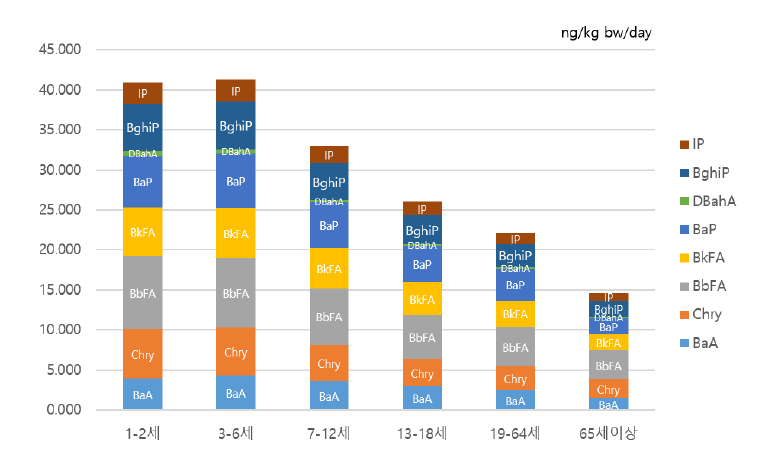 식품을 통한 연령별, 개별 PAH 일일 노출량