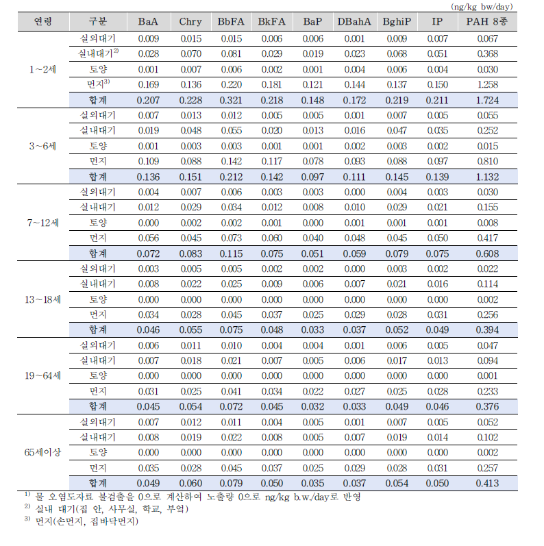 환경(물1)+대기+토양+먼지) 개별 PAH 및 PAH 8종의 일일노출량