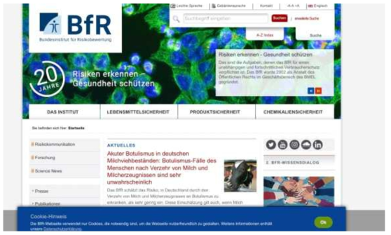 독일 Bundesinstitut für Risikobewertung (BfR) 식품안전 관련 미생물 정보제공 페이지