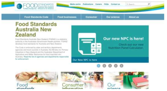 호주 뉴질랜드의 Food Standards Australia New Zealand (FSANZ) 웹사이트