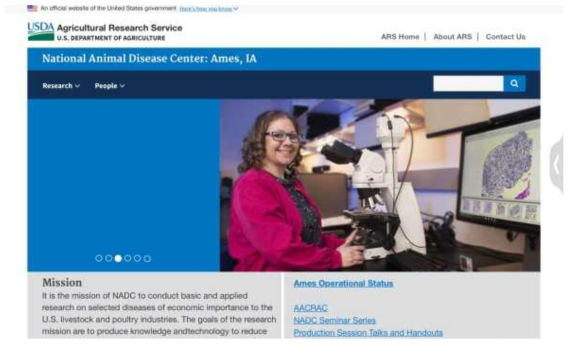 미국 United States Department Agriculture National Animal Disease Center의 웹사이트