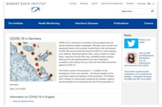 독일 Robert Koch Institute (RKI)의 감염질환 관련 정보 제공 웹페이지