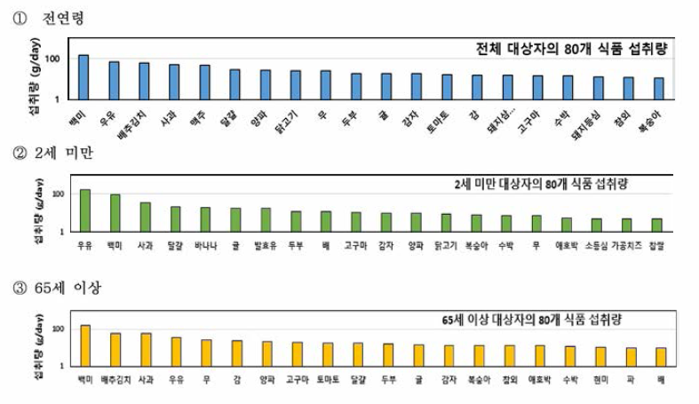 연령군별 상위 20위 품목의 일평균 식이량