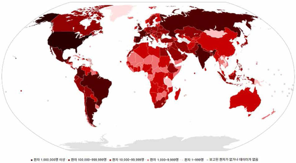 코로나바이러스감염증 발생 시각화 자료 (Wikimedia，2020)