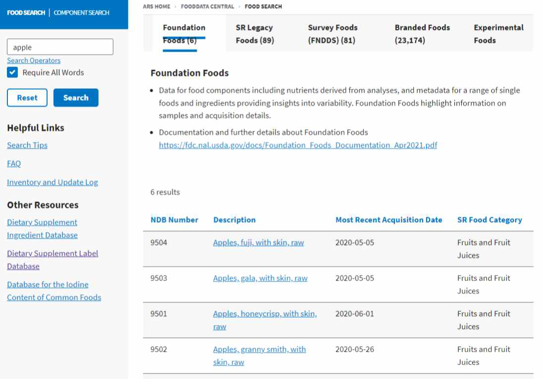 Food Data Central - Food search 검색 결과화면