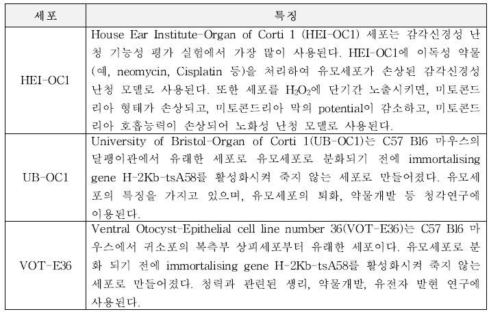 청력유지에 도움을 주는 시험물질 효과 평가에 사용되는 주요 세포의 특징