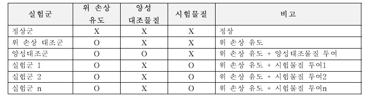 위 건강(위 점막 개선)의 동물시험 실험디자인(예시)