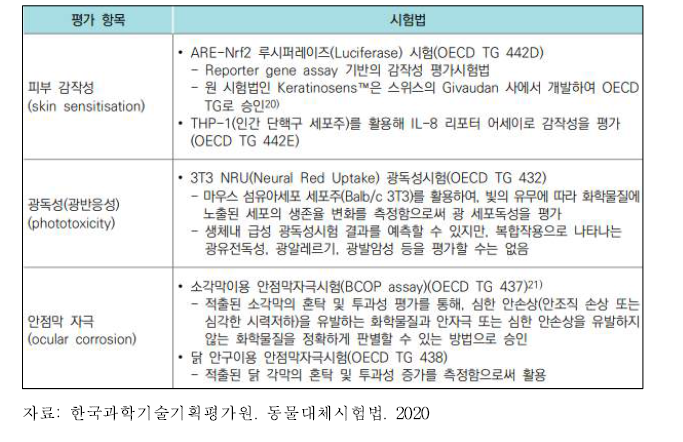 공인된 in vitro 기반 동물대체시험법의 예시