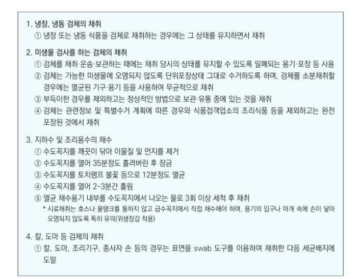 국내 식중독 원인조사 시 검체 채취의 개요.