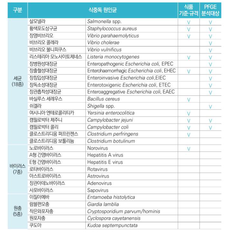 국내 식중독 원인조사 대상 미생물 목록(세균, 바이러스, 원충).