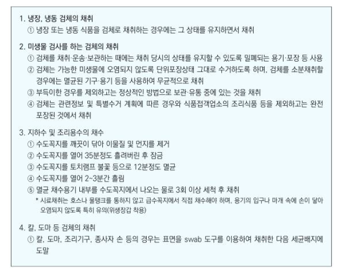 국내 식중독 원인조사 시 검체 채취의 개요.