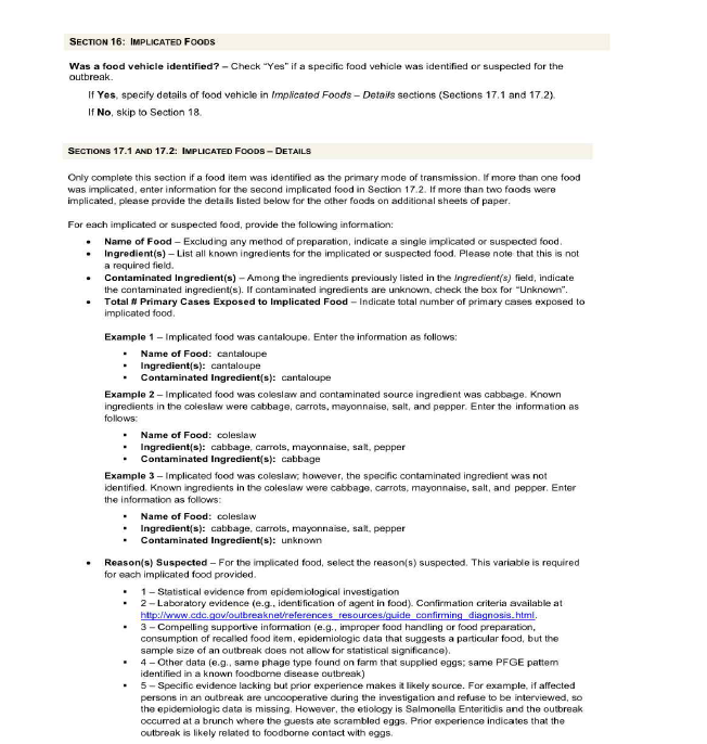 California Department of Public Health의 Foodborne Disease Outbreak Report(CDPH 8567)에서 보고된 원인식품 의심 기준.