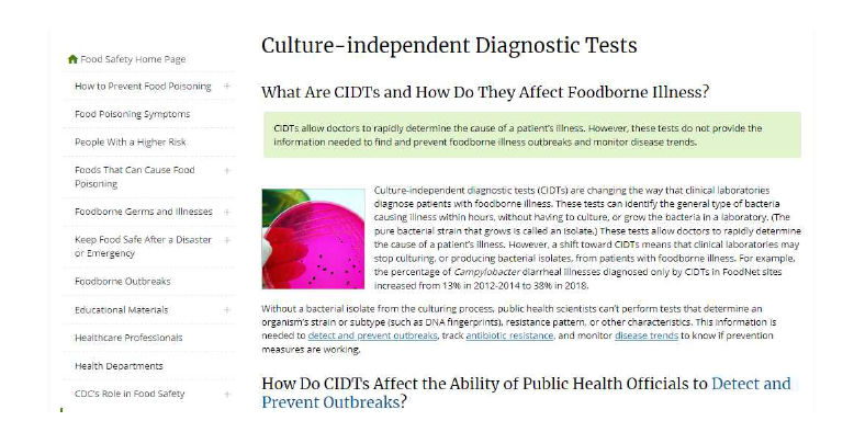 미국의 CIDT(culture-independent diagnostic tests) 활용 관련 자료.