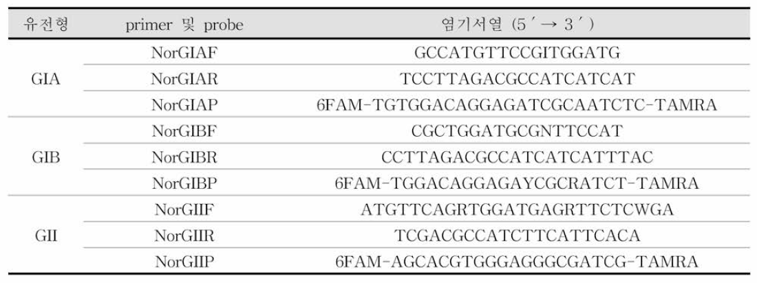 노로바이러스 RT-qPCR의 primer와 probe의 염기서열