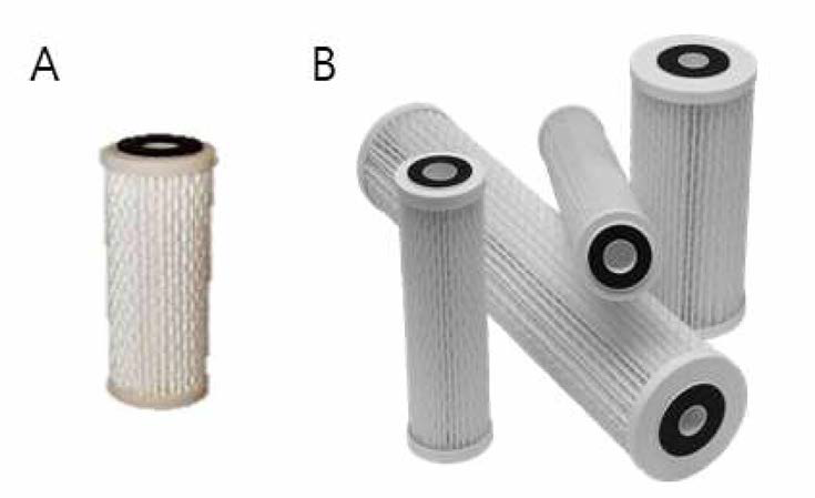 양전하 필터 종류. A : Virosorb 1MDS cartridge filter, B