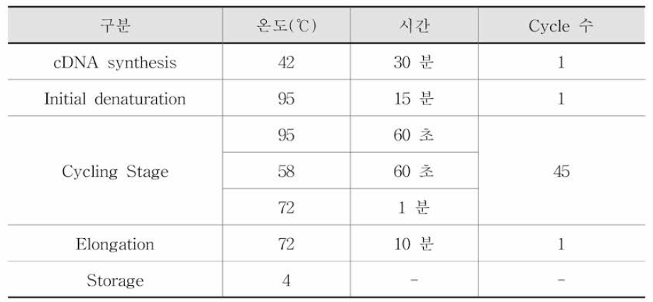 시험법 2의 RT-PCR 반응조건