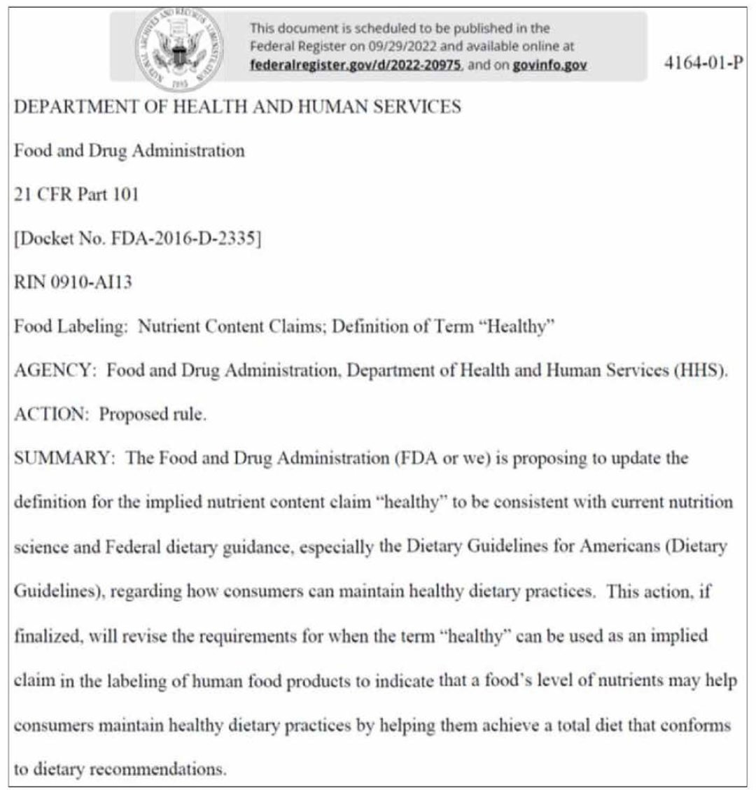 Proposed ru le： US department of health and human services, FDA (US Federal Register 21 CFR Part 101)