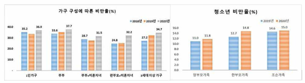 가구형태별 비만 유병률(국민건강영양조사，청소년건강행태 조사)