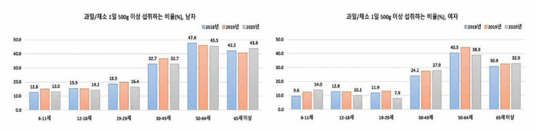 과일/채소 1일 500g 이상 섭취하는 비율(국민건강영양조사)