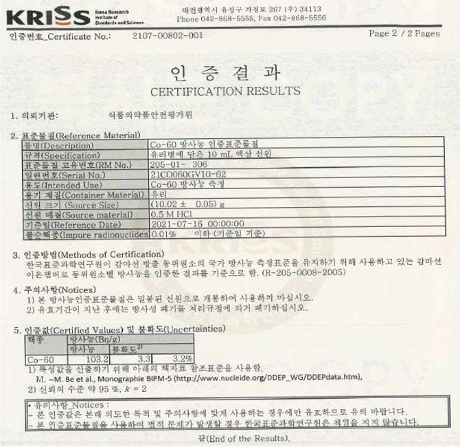 교차검증에 사용된 Co-60 인증표준물질