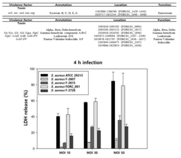 Stapylococcus aureus FORC_061 의 major virulence factor 및 LDH assay (예시)