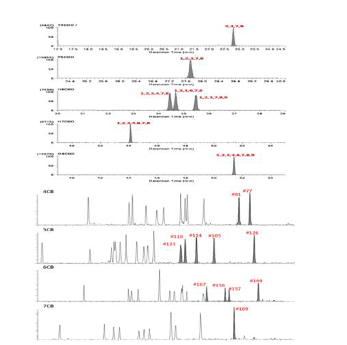 HRGC/HRMS에 의한 PCDD/DFs의 크로마토그램