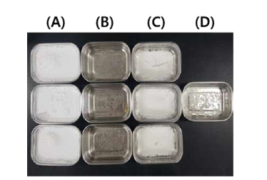 세척 첨가제 별 동결건조 완료 후 모습 (A: 탄산수소나트륨, B: 초산, C: 식품용 1종 세제, D: 수돗물(대조군)).