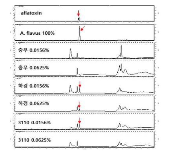 사각메주 시료의 aflatoxin 분석 (충무발효, 하경발효, 3110 시료 대상, HPLC로 aflatoxin B1 오염여부 분석)