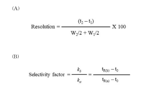 A: Resolution 계산식 (t1, t2는 머무름 시간, W1, W2는 머무름 시간에 대한 피크의 폭), B: Selectivity factor 계산식.