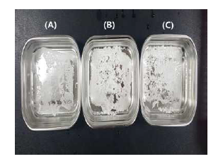 동결건조 완료 후 메주 1회 세척수(A), 메주 3회 세척수(B), 메주 5회 세척수(C).