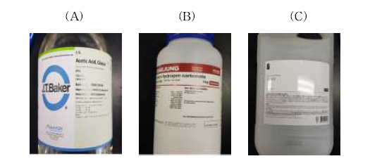 실험에 사용한 세척 첨가제(A: 초산, B: 탄산수소나트륨, C: 1종세제).