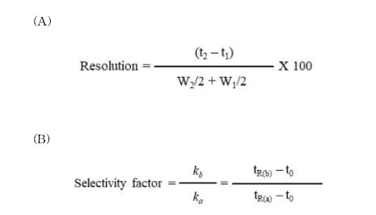 A: Resolution 계산식 (t1, t2는 머무름 시간, W1, W2는 머무름 시간에 대한 피크의 폭), B: Selectivity factor 계산식.