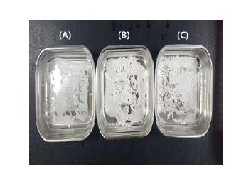 동결건조 완료 후 메주 1회 세척수(A), 메주 3회 세척수(B), 메주 5회 세척수(C).