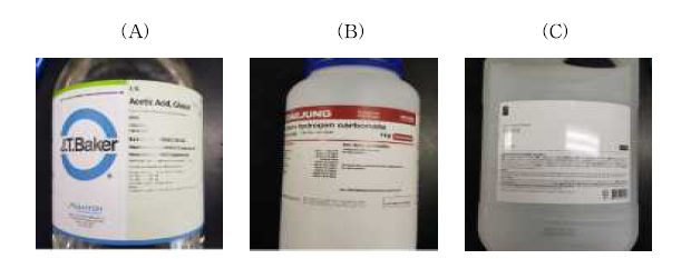 실험에 사용한 세척 첨가제(A: 초산, B: 탄산수소나트륨, C: 1종세제).