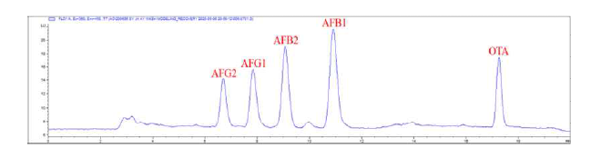 아플라톡신 및 오크라톡신 A를 첨가한 메주 시료의 크로마토그램 (아플라톡신 B1 및 G1: 10 μg/kg, 아플라톡신 G1 및 G2: 3 μg/kg, 오크라톡신 A: 20 μg/kg).