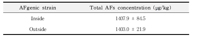 발효 시 장소에 따른 아플라톡신 생성균주 접종 메주 중 총 아플라톡신 농도