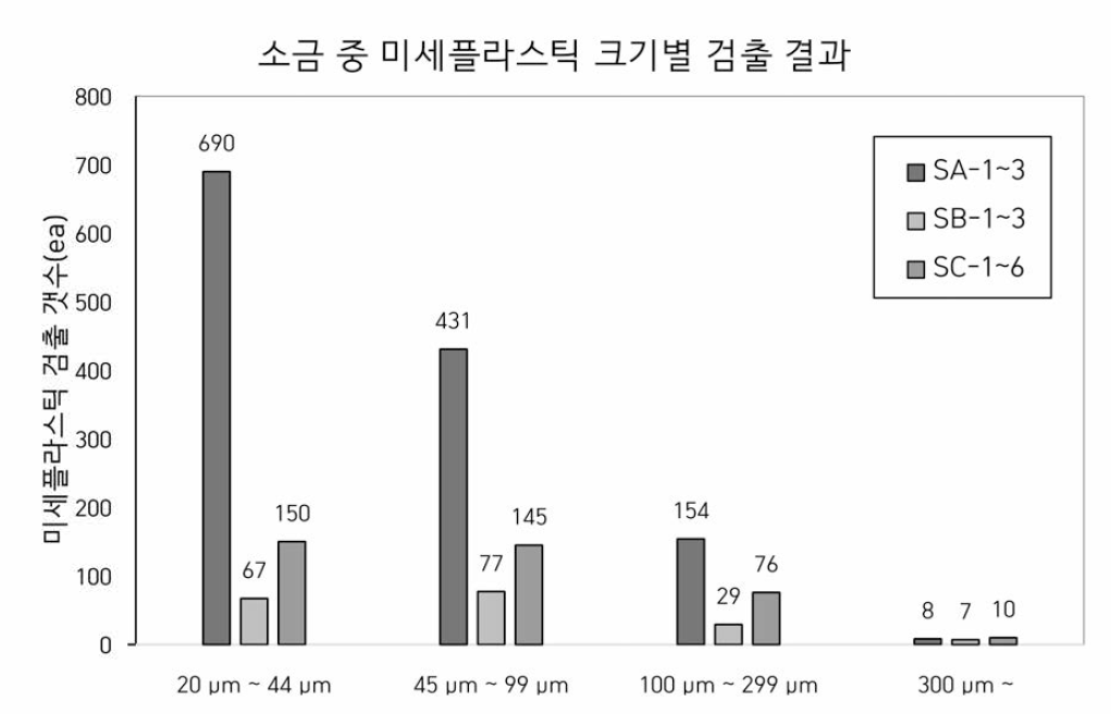 소금 중 미세플라스틱 크기별 검출 결과 (100 g 기준)