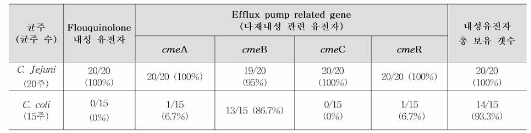 유전체 정보망을 통한 캠필로박터 제주니/콜리 퀴놀론내성유전자 보유 분석 결과