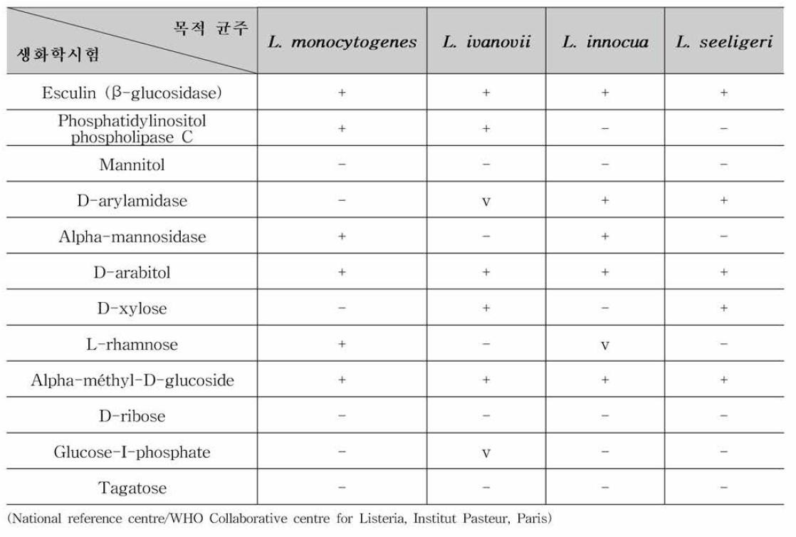 리스테리아 4 종에 대한 생화학적 특징