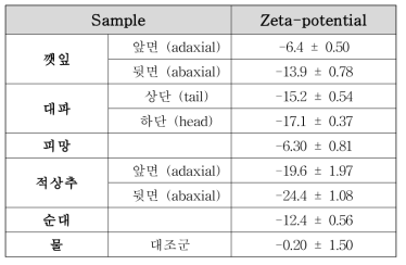 다섯 가지 식품 표면의 제타 전위(Zeta-potential)