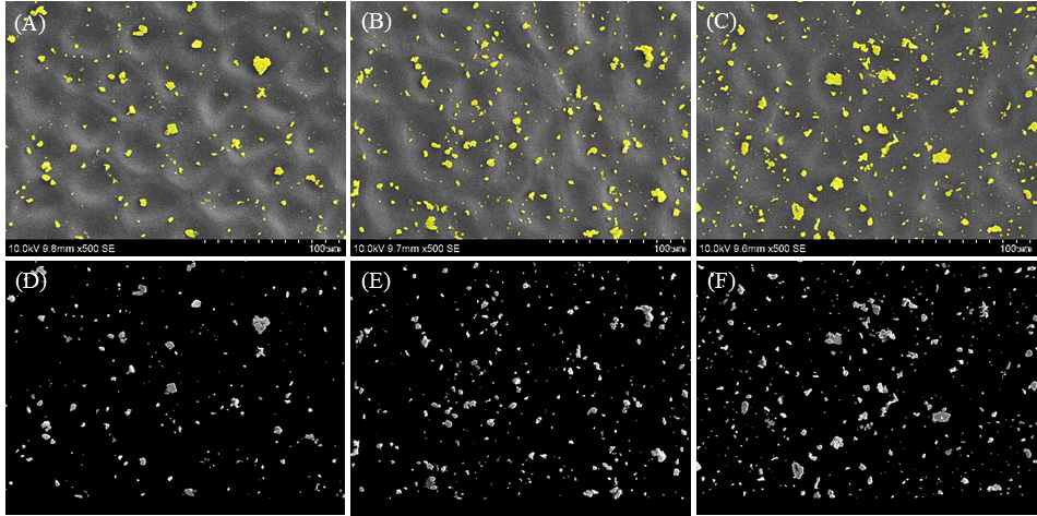 Classification results of the scanning electron microscope micrographs of tomato (top row) and mask image of PM (bottom row). Samples were exposed in the particulate matter deposition chamber for 3 h (A, D), 6 h (B, E), 9 h (C, F)